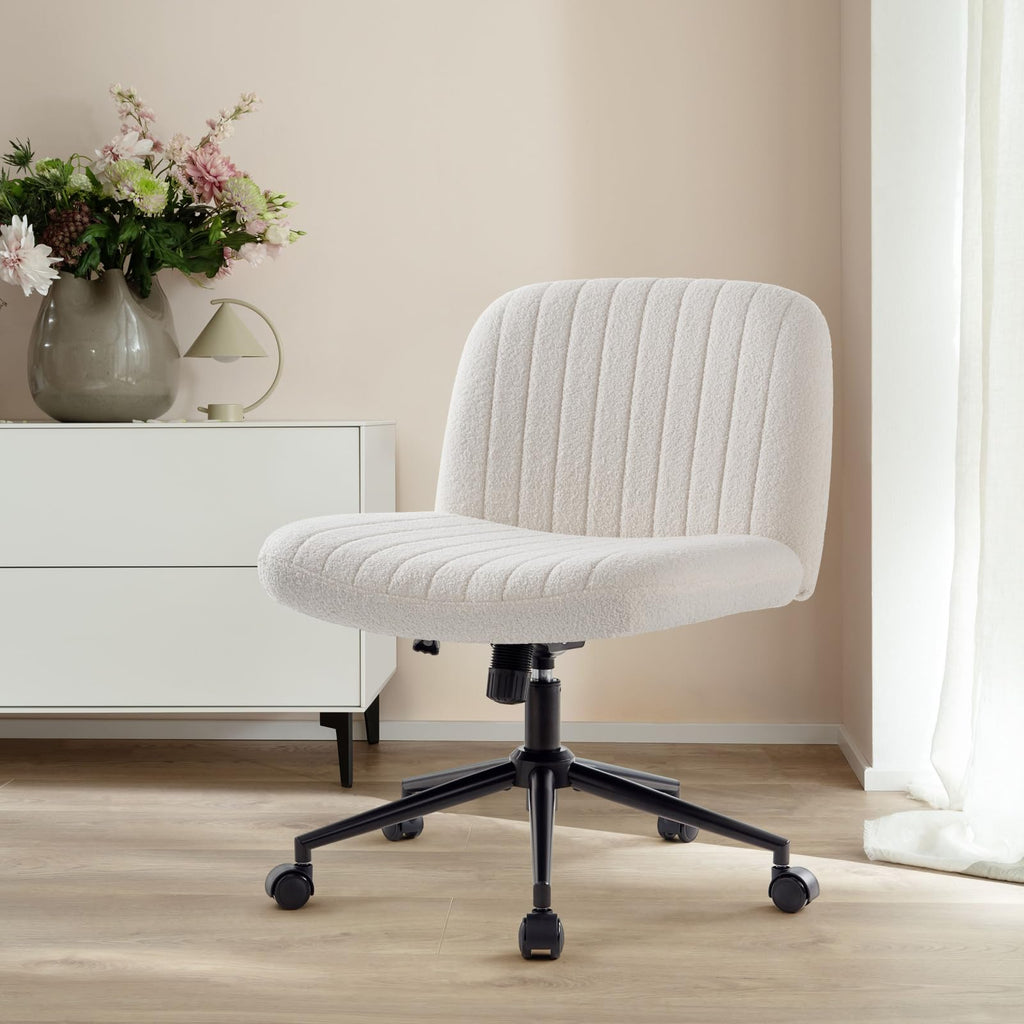 Criss Cross Chair Cross Legged Office Chair with Wheels Armless Wide Seat Desk Chairs Height Adjustable Computer Task Chairs Swivel Vanity Chair for Home Office Bedroom Make Up Teddy Fabric White