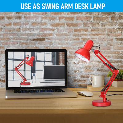 Metal Desk Lamp with Clamp, Swing Arm, Architect Adjustable Gooseneck Table Lamp, Clip Desk Lights for Home Office, Work, Study, Reading, E26 Base, Multi-Joint, Red