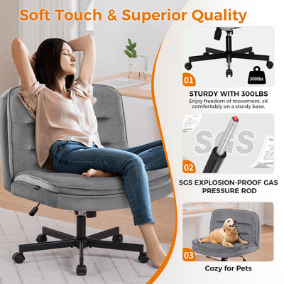 Criss Cross Chair with Wheels Armless Cross Legged Office Chair Wide Home Office Desk Chair Swivel Comfy Vanity Desk Chair Height Adjustable Mid Back Wide Seat Computer Task Chair