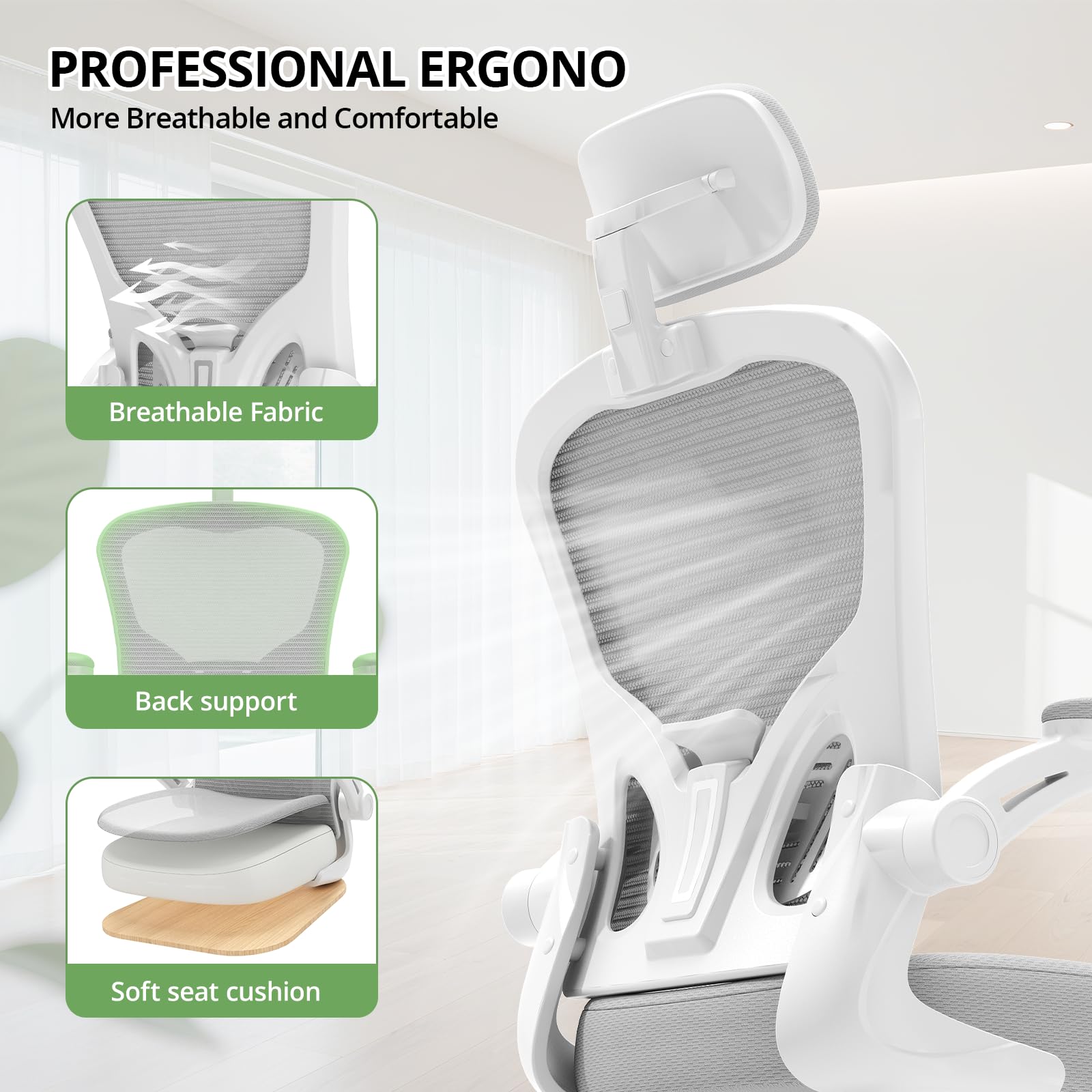 Office Chair Ergonomic Desk Chair, 330LBS Capacity, High Back Computer Design for Long Hours Comfort, Rolling Swivel for Home Office, Flip-up Armrests, White+Grey