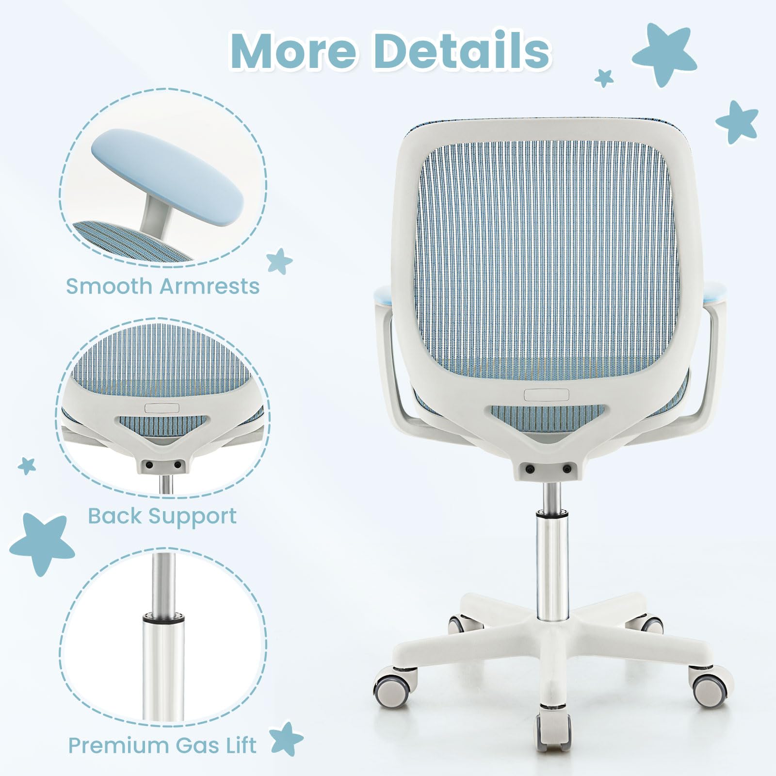 Kids Desk Chair, Height Adjustable Children Study Computer Chair with Armrests, Sit-Brake Casters, Swivel Mesh Task Chair for Boys Girls Teens Students, Kids Chair for Home, Office, School