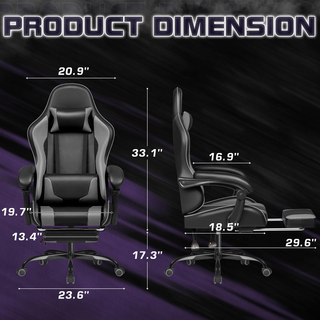 Gaming Chair, Video Game Chair with Footrest and Massage Lumbar Support, Ergonomic Computer Chair Height Adjustable with Swivel Seat and Headrest (Grey)