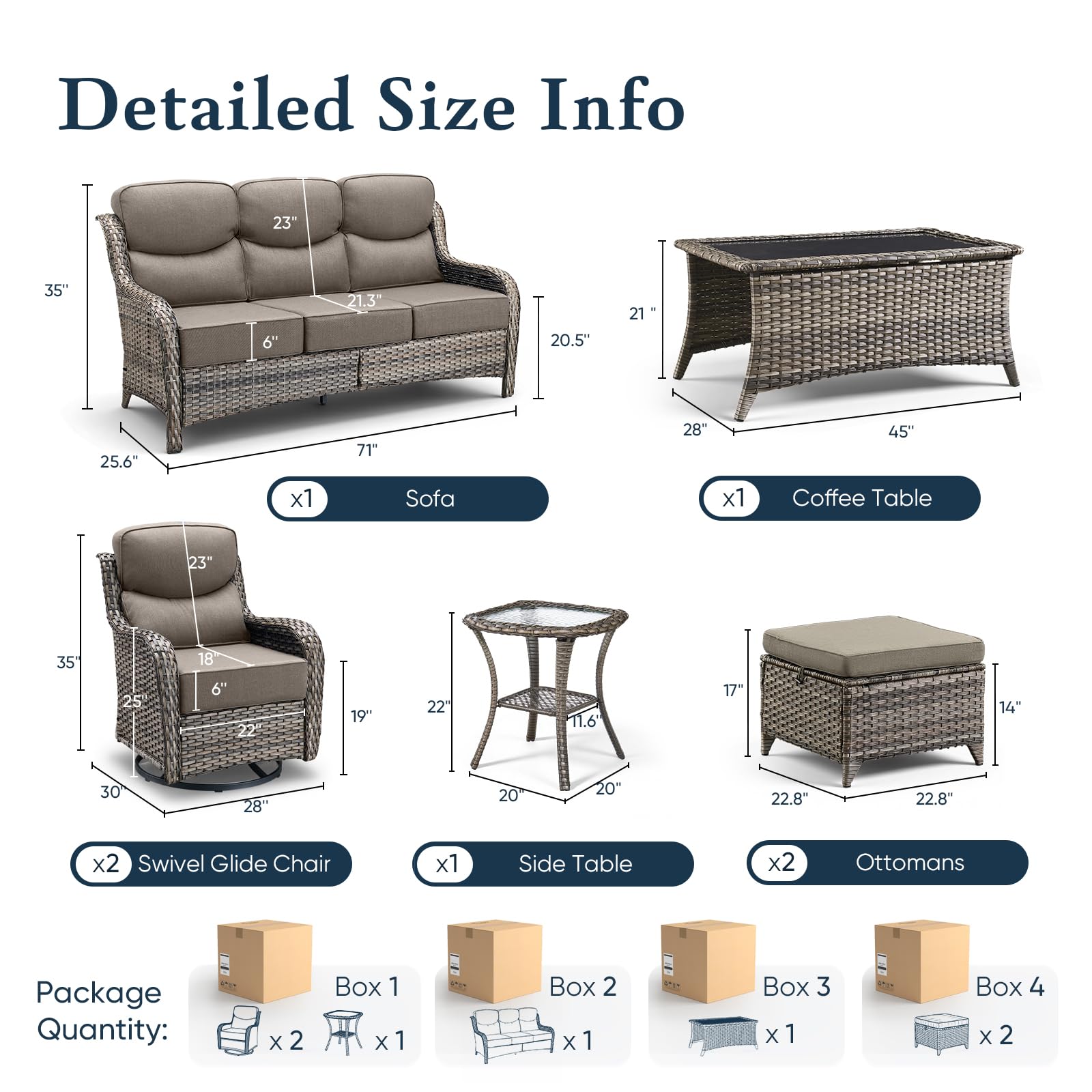 Luxury 6" Thick Cushioned 7 Pieces Patio Furniture Set with Outdoor Couch, Wicker Outdoor Conversation Set with High Back Swivel Rocker Chairs for Deck Porch Yard and Poolside - Grey+Grey