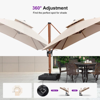 9' X 12' Double Top Deluxe Wood Pattern Rectangle Patio Umbrella Offset Hanging Umbrella Outdoor Market Umbrella Garden Umbrella, Beige