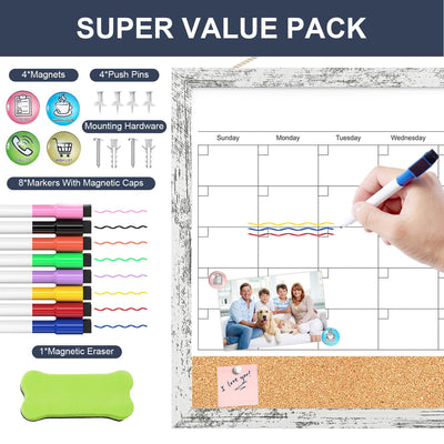 Dry Erase Calendar for Wall, 17x13 Inches Whiteboard Calendar Cork Board Combo, Magnetic Small White Board with Wood Framed, Hanging Dry Erase Board for Office Kitchen Home Planner Memo