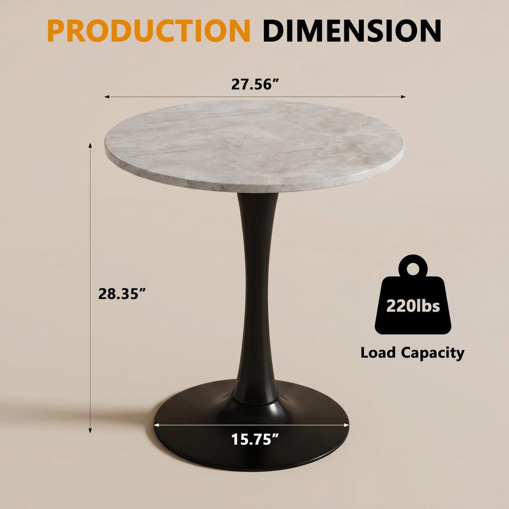 27.6" Marble Round Tulip Table, Mid-Century Modern Style Dining Table with Black Pedestal Base for 2-4 People, Featuring A Marble Tabletop for Kitchen, Dining Room, Cafe (Light Grey)