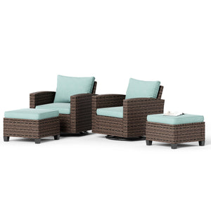 Patio Wicker Chairs Outdoor Swivel Rocker Chairs Set with Ottomans, 4 Piece Patio Seating Furniture Conversation Sets for Lawn Deck Porch Pool, Brown/Blue