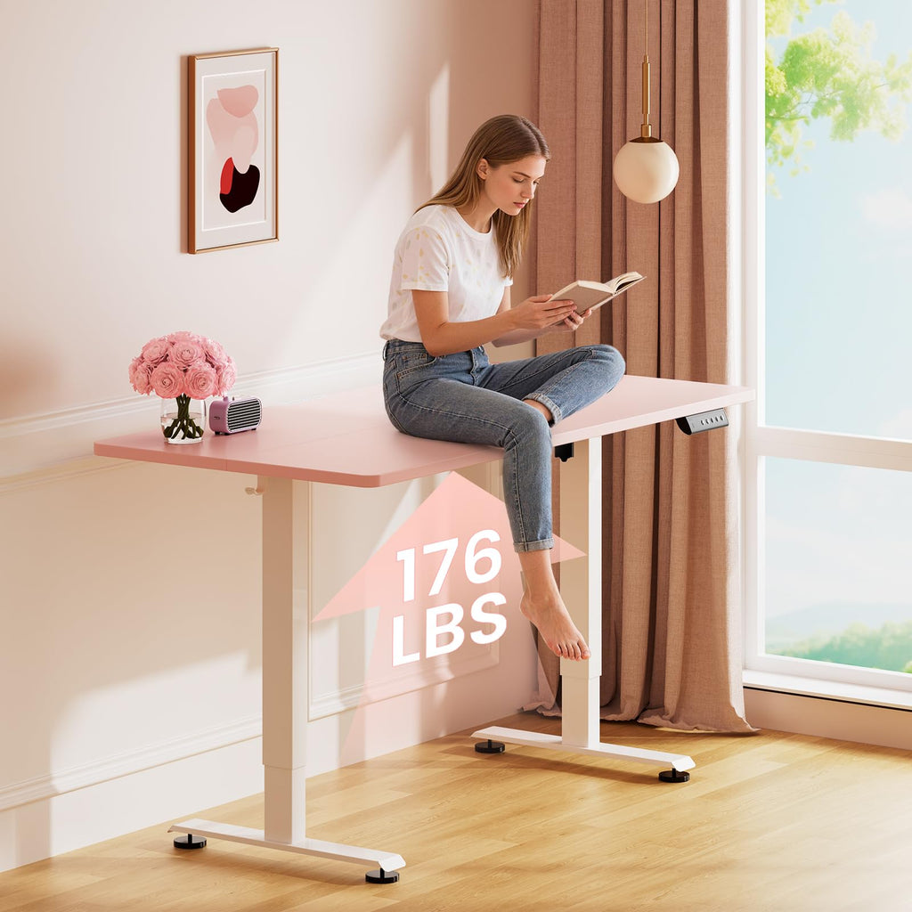 55 Inch Large Electric Standing Desk, 4 Memory Heights Adjustable,Sit to Stand Up, Work Home Office Computer Table for Study, Walking Pad, Writing, and Games, Wooden Desktop Desks, Pink