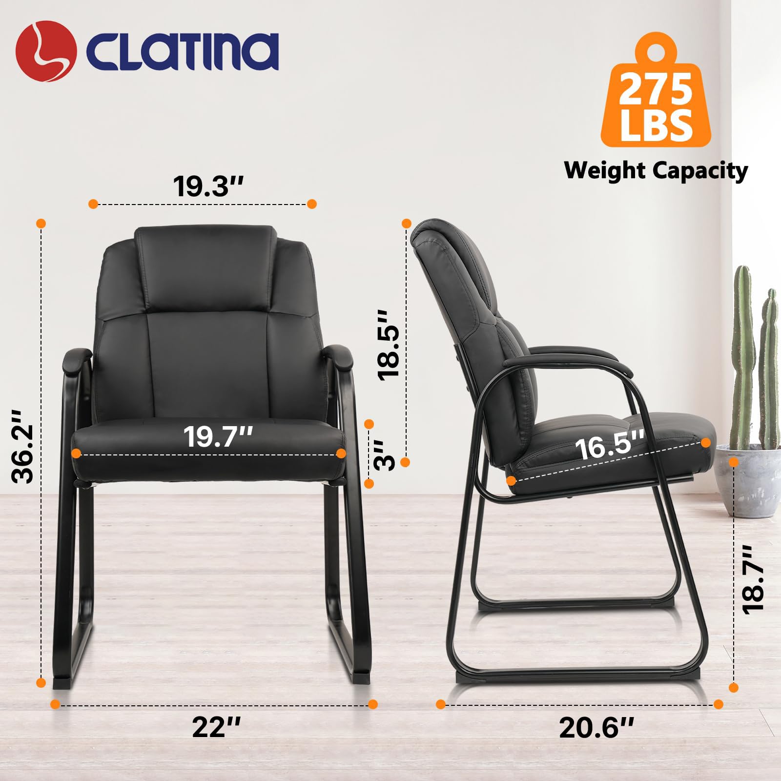 Classic Leather Soft Reception Chair with Padded Armrests and Sled Base, Executive Guest Chair for Office Computer Desk Conference Waiting Meeting Room, Black (2 Pack)
