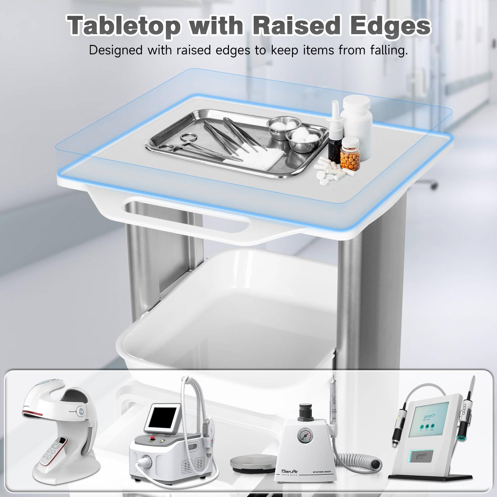 Medical Trolley Mobile Ultrasound Cart 135 LBS Load Professional Portable Storage Cart with 4 Silent Wheels Tray for Hospital Dental Clinic Beauty Salon Office Bedroom