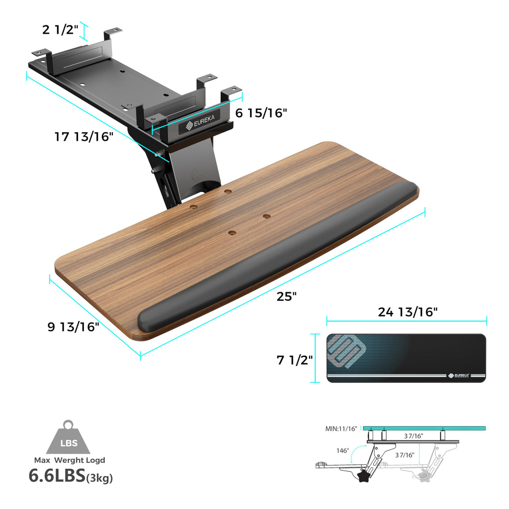 Keyboard Tray Height Adjustable, Swivel Tilt Computer Keyboard Drawer Under Desk, 25x9.13'' Sliding Keyboard & Mouse Platform with Mouse Pad for Typing, Walnut