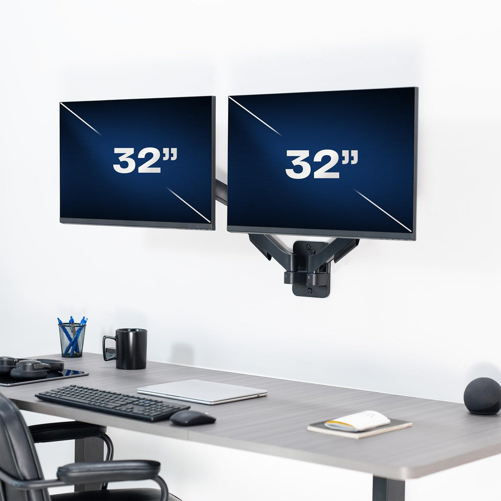 Height Adjustable Pneumatic Extended Arm Dual Monitor Wall Mount Full Motion Articulating, Fits 2 Screens 17 to 27 inches, Black, MOUNT-V002G