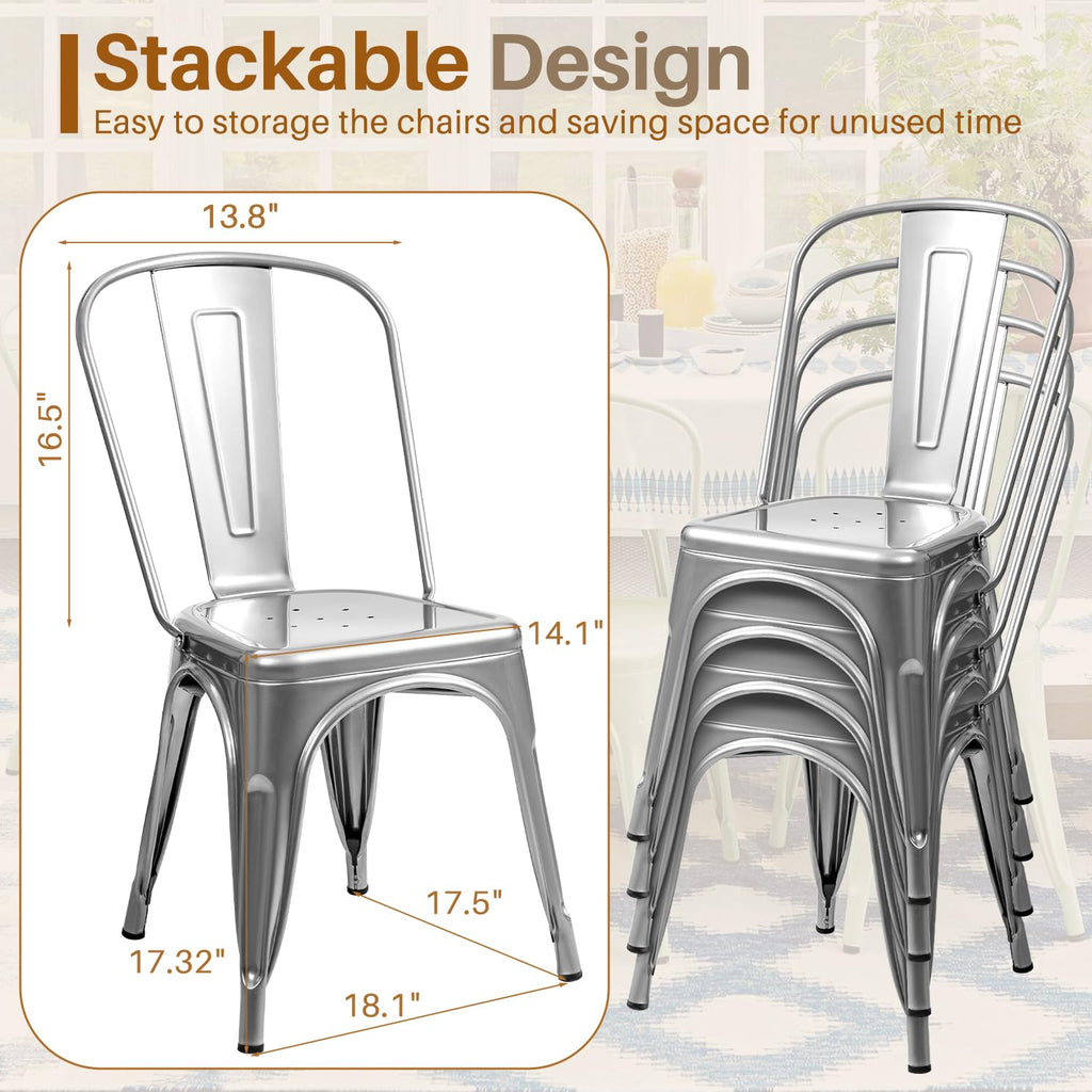 Metal Dining Chair Indoor Outdoor Use Stackable Classic Trattoria Chair Chic Dining Bistro Cafe Side Metal Chairs Set of 4 (Sliver)