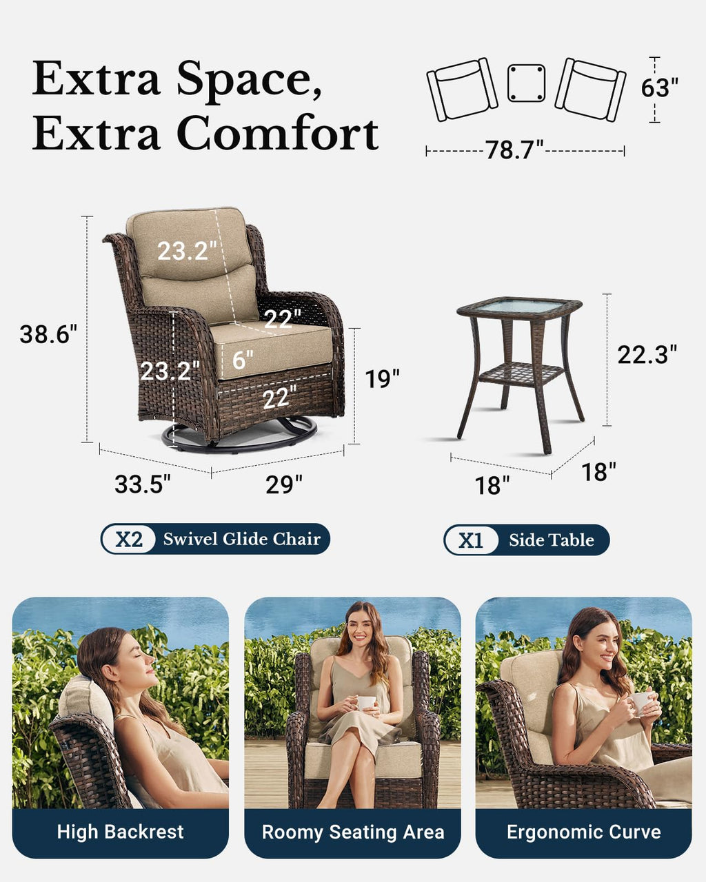 Luxury Patio Furniture Set with 6-inch Thick Cushion, Outdoor High Back Swivel Rocker Patio Chairs, 3PCS Wicker Conversation Set for Deck Yard and Poolside, Beige (V2)
