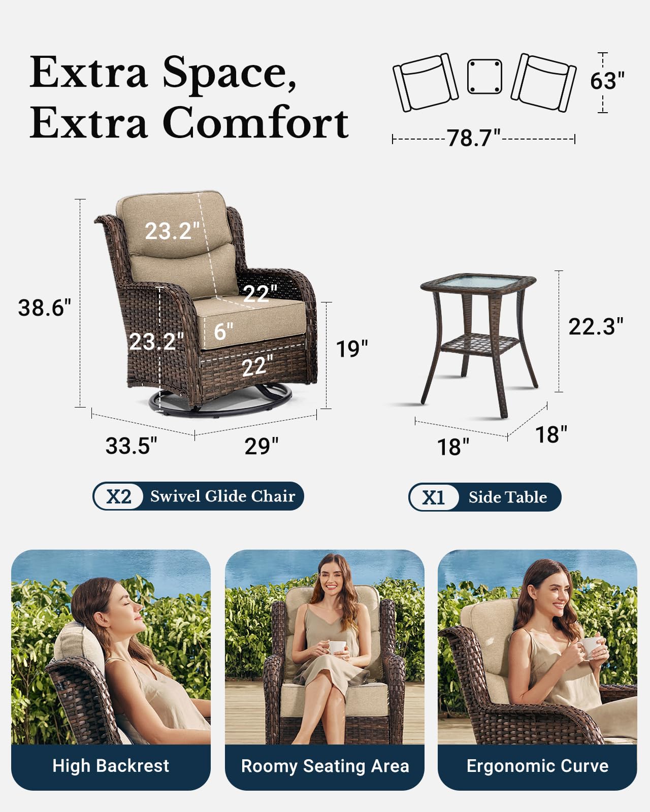 Luxury Patio Furniture Set with 6-inch Thick Cushion, Outdoor High Back Swivel Rocker Patio Chairs, 3PCS Wicker Conversation Set for Deck Yard and Poolside, Beige (V2)