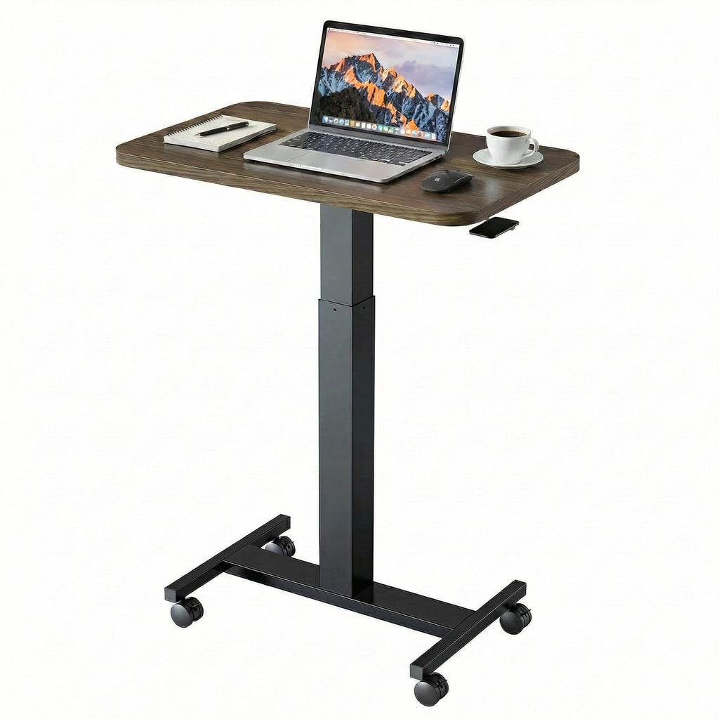 Small Rolling Laptop Standing Desk, Height Adjustable Mobile T-Base Desk with Lockable Casters, Portable Sit-Stand Workstation for Bedside & Sofa, Walnut