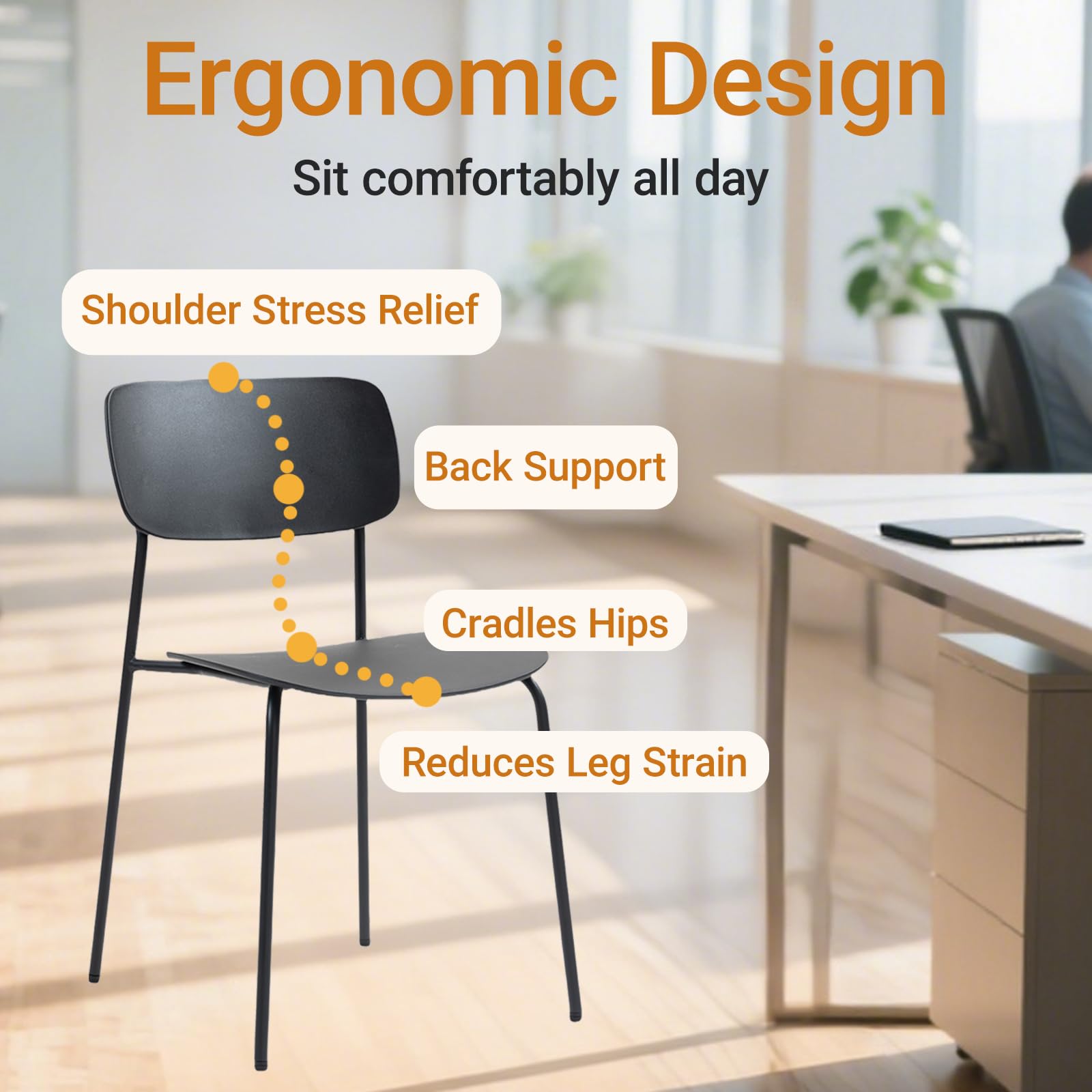 Stackable Chairs Set of 4, Waiting Room Chairs with Metal Legs and Ergonomic Plastic Seat, Stacking Office Chairs for Conference Reception Church Banquet, Black