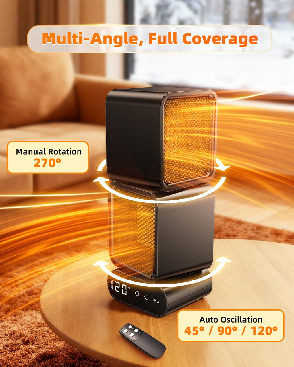 Dual-Head Space Heater with Button & Remote Control, 3 Temperatures & Multi-Angle Adjustable Portable Heater, 5 Timers,1400W Graphene & PTC Ceramic Dual-Core Heating for Office Bedroom Home