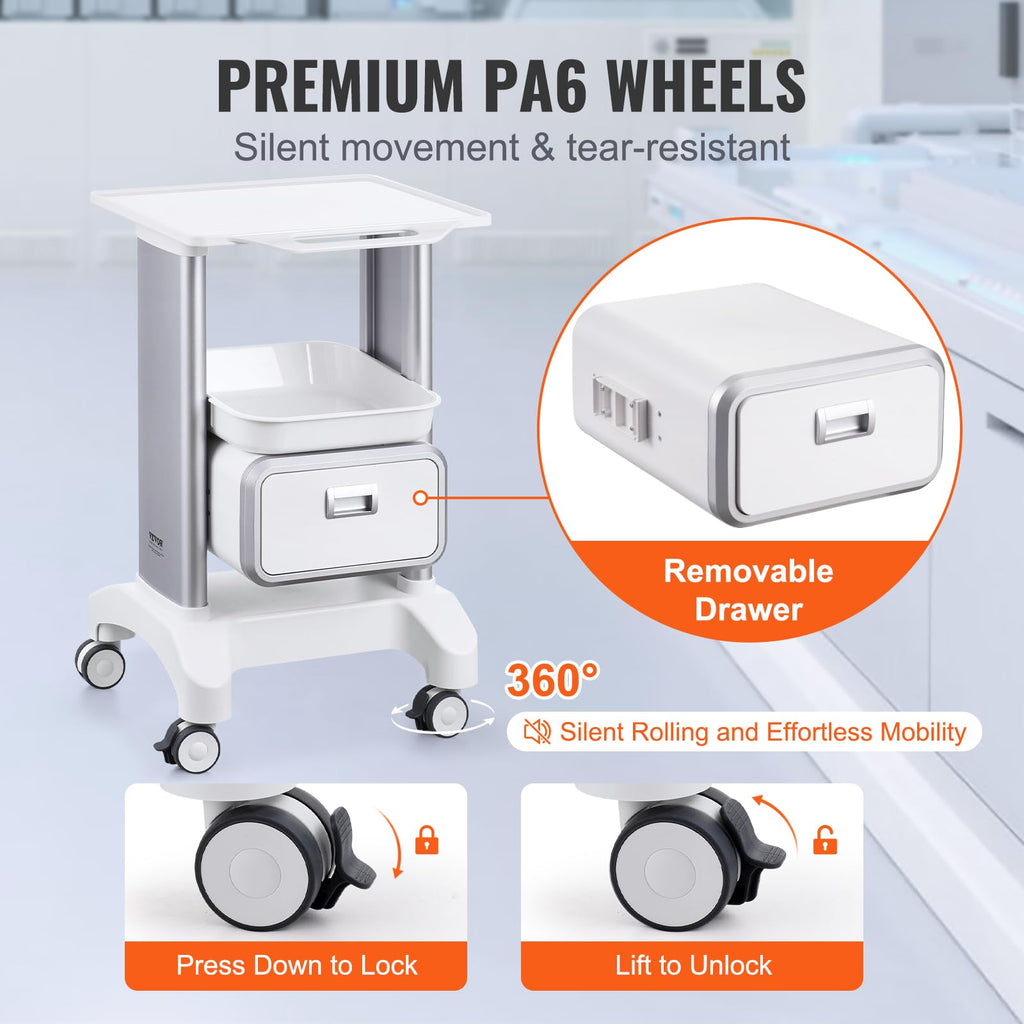 Medical Trolley Storage Cart with Removable Drawer, Rolling Lab Tray Cart with Wheels for Ultrasound, Dental Clinic, Lab, Beauty Salon, Office