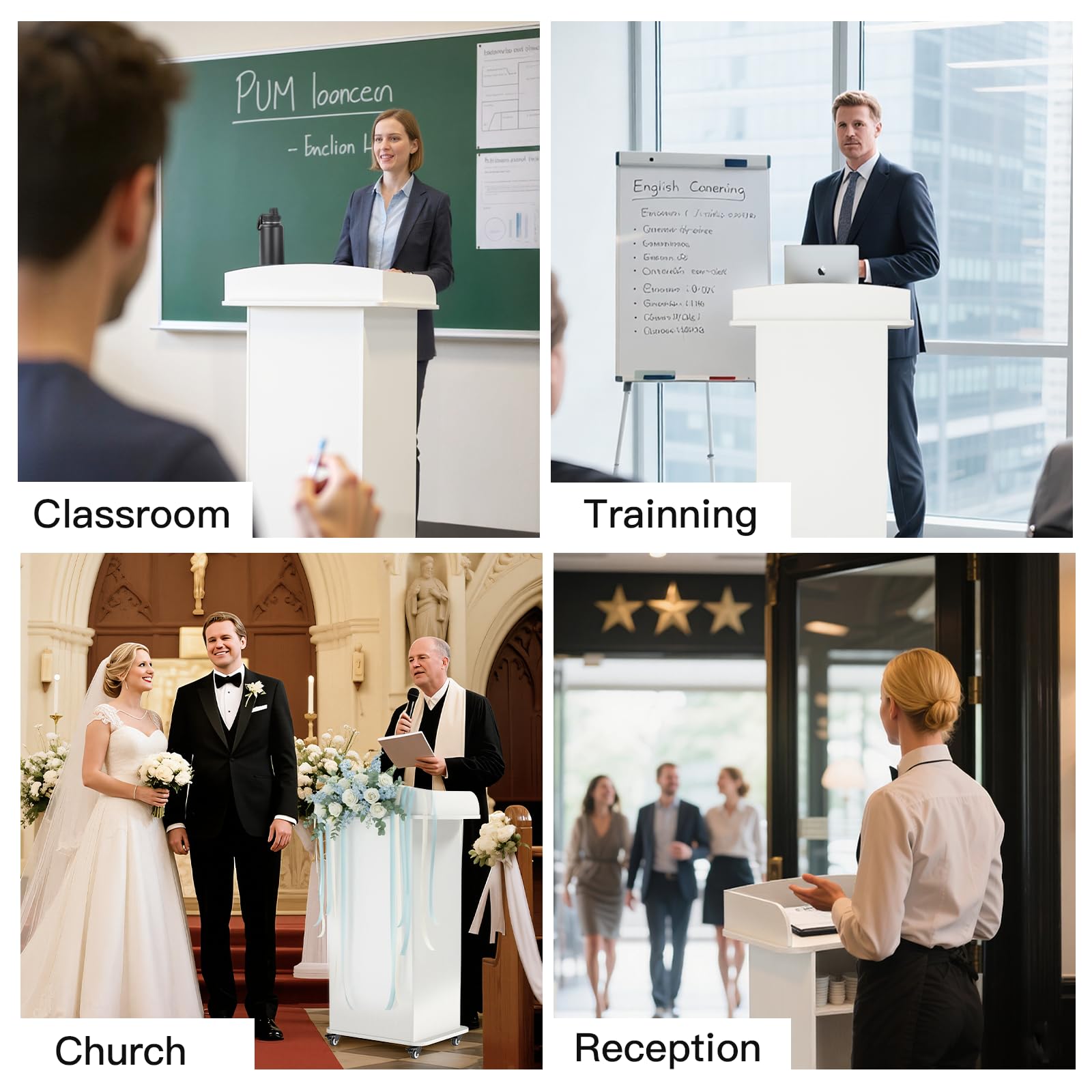Podium Stand Portable with Wheels, Classroom Lectern for Teacher with Adjustable Storage Shelf, Mobile Rolling Church Pulpits, Office Wooden Reception Desk, Host Stand for School Conference（White）