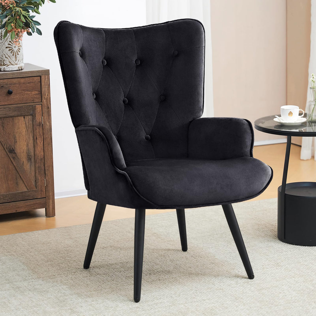 Velvet Accent Chair Modern Upholstered Side Armchair with Tapered Legs Tufted Button Wingback Sofa Chairs Tall Back Reading for Living Room Bedroom Waiting Room, Black
