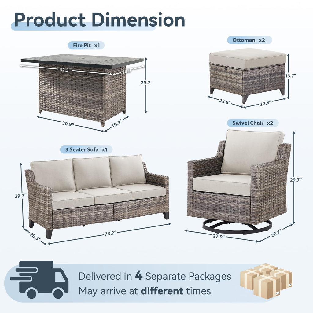 Patio Furniture Set with 42.5" Fire Pit Table-6 Pieces All Weather Wicker Outdoor Furniture with High Back Swivel Patio Chairs Set of 2 Outdoor Couch for Deck Balcony Backyard Beige/Gray