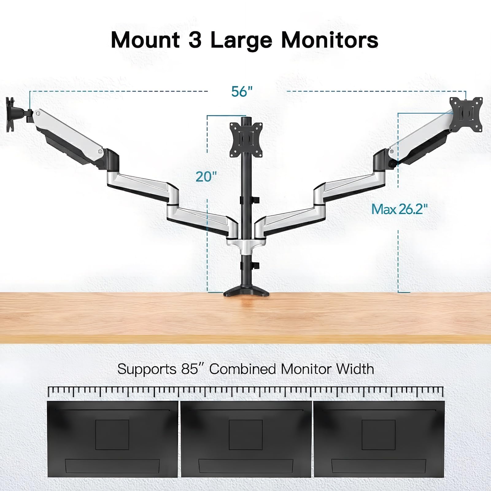 Gaming Triple Monitor Stand, Full Motion Articulating Triple Monitor Mount Fit 17 to 32 inch Flat/Curved LCD Computer Screens with Clamp, Grommet Kit, Silver