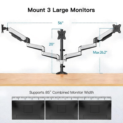 Gaming Triple Monitor Stand, Full Motion Articulating Triple Monitor Mount Fit 17 to 32 inch Flat/Curved LCD Computer Screens with Clamp, Grommet Kit, Silver