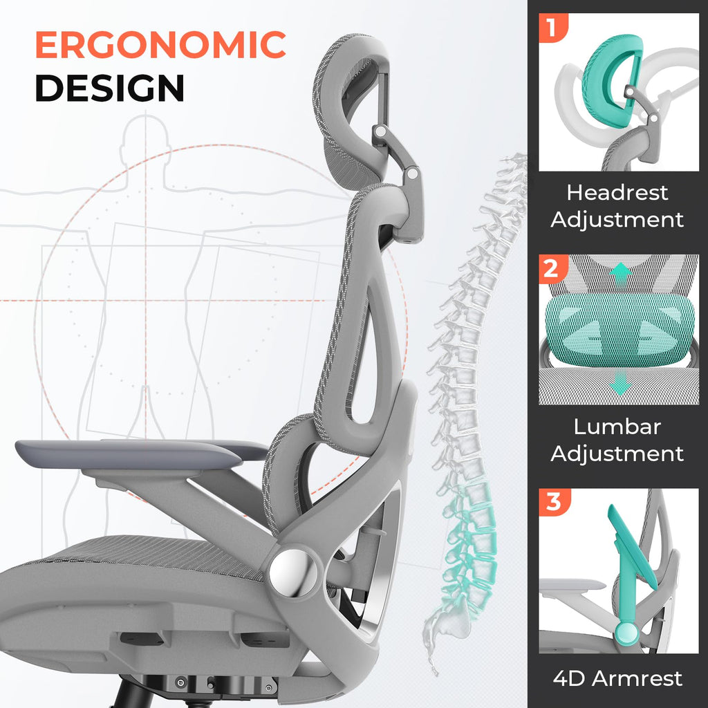 Ergonomic Mesh Office Chair, Adjustable Lumbar High Back Desk Chair 400lbs, 4D Flip-up Arms, 3 Tilt Backrest, 3D Headrest, PU Wheels, Swivel Rolling Computer Seating for Long Desk Work - Grey