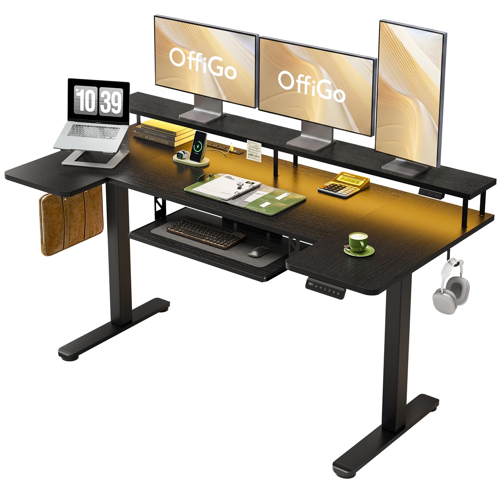 U Shaped Electric Standing Desk with Keyboard Tray, 63 Inch Height Adjustable Desk with Power Outlets & LED Lights, Sit Stand Table with Monitor Stand for Home, Office, Black