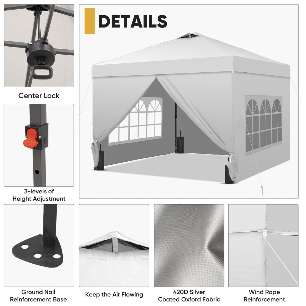 12x12 Pop Up Canopy Tent with 4 Sidewalls, Easy Set up with One Push Lift Gazebo with Wheel Bag and4 Sandbags,Carpas for Events, Parties,Camping, White.