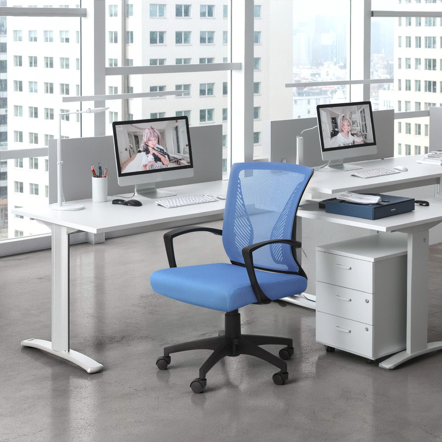 Office Chair Ergonomic Computer Desk Mesh Chair Mid Back Swivel Lumbar Support with Armrest (1, Blue)