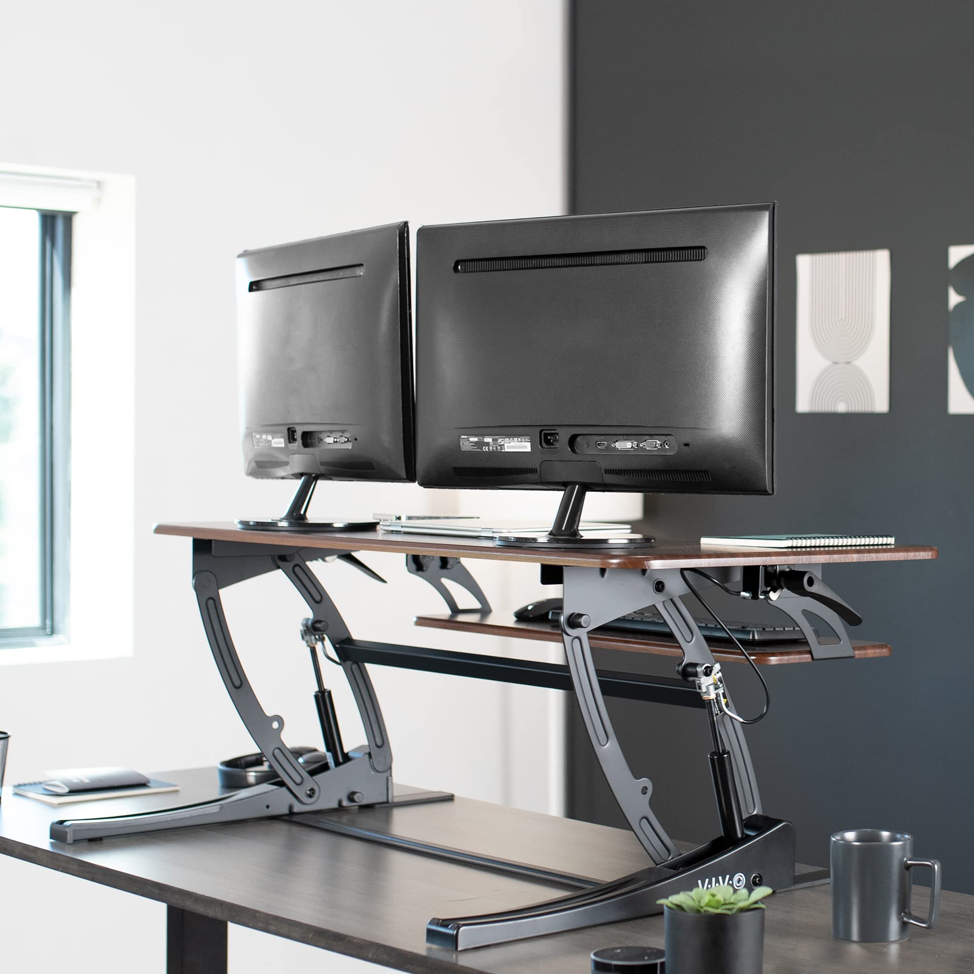 36 inch Height Adjustable Stand Up Desk Converter, V Series, Quick Sit to Stand Tabletop Dual Monitor Riser Workstation, Dark Walnut Top, Black Frame, DESK-V000VD