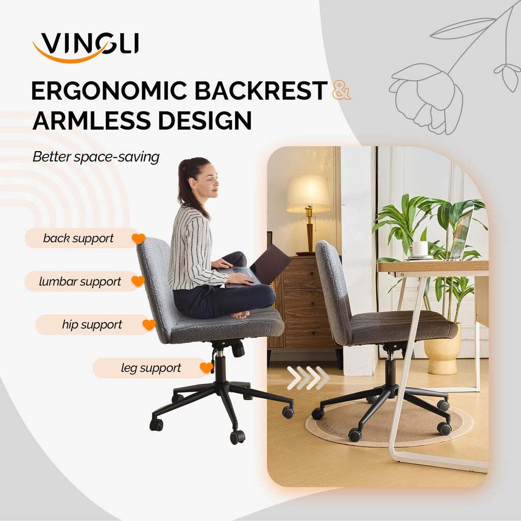Criss Cross Legged Chair,Wide Comfy Office Desk Chair,Dual-Use with/no Wheels Computer Task Chair,Swivel Armless Vanity Boucle Chair for Study,Make Up,Home Office,Teddy Fleece,Dark Grey