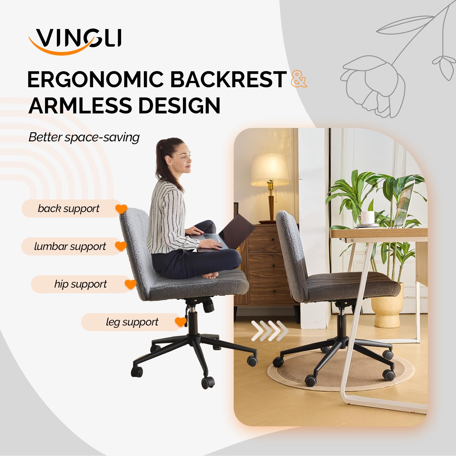 Criss Cross Legged Chair,Wide Comfy Office Desk Chair,Dual-Use with/no Wheels Computer Task Chair,Swivel Armless Vanity Boucle Chair for Study,Make Up,Home Office,Teddy Fleece,Dark Grey