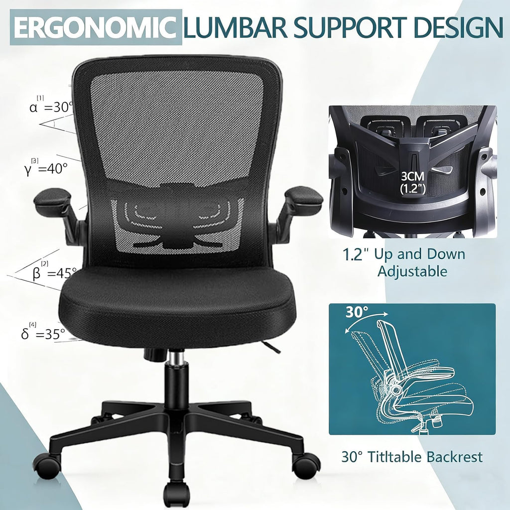 Office Desk Chairs with Wheels, Ergonomic Mesh Chair with Adjustable Height Lumbar Support, Rolling Swivel Computer Task Chair with Flip Up Armrests for Home, Study, Conference, Black (8PK)