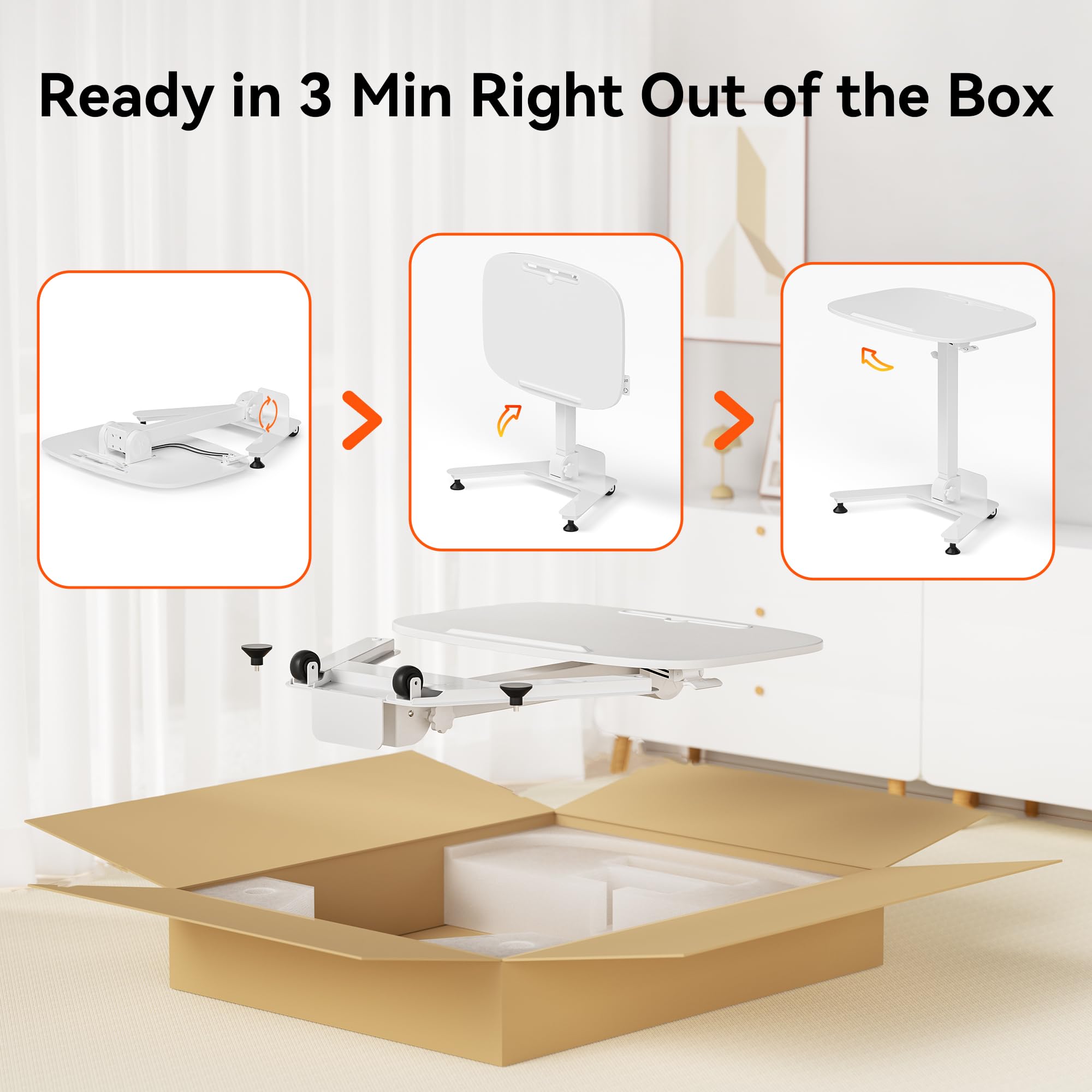 Foldable Pneumatic Height Adjustable Mobile Standing Desk with 90° Tiltable Tabletop, 27.2x18.9 Inch Portable Laptop Desk with Wheels, Holds Up to 66.1lbs for Home Office, Study, White