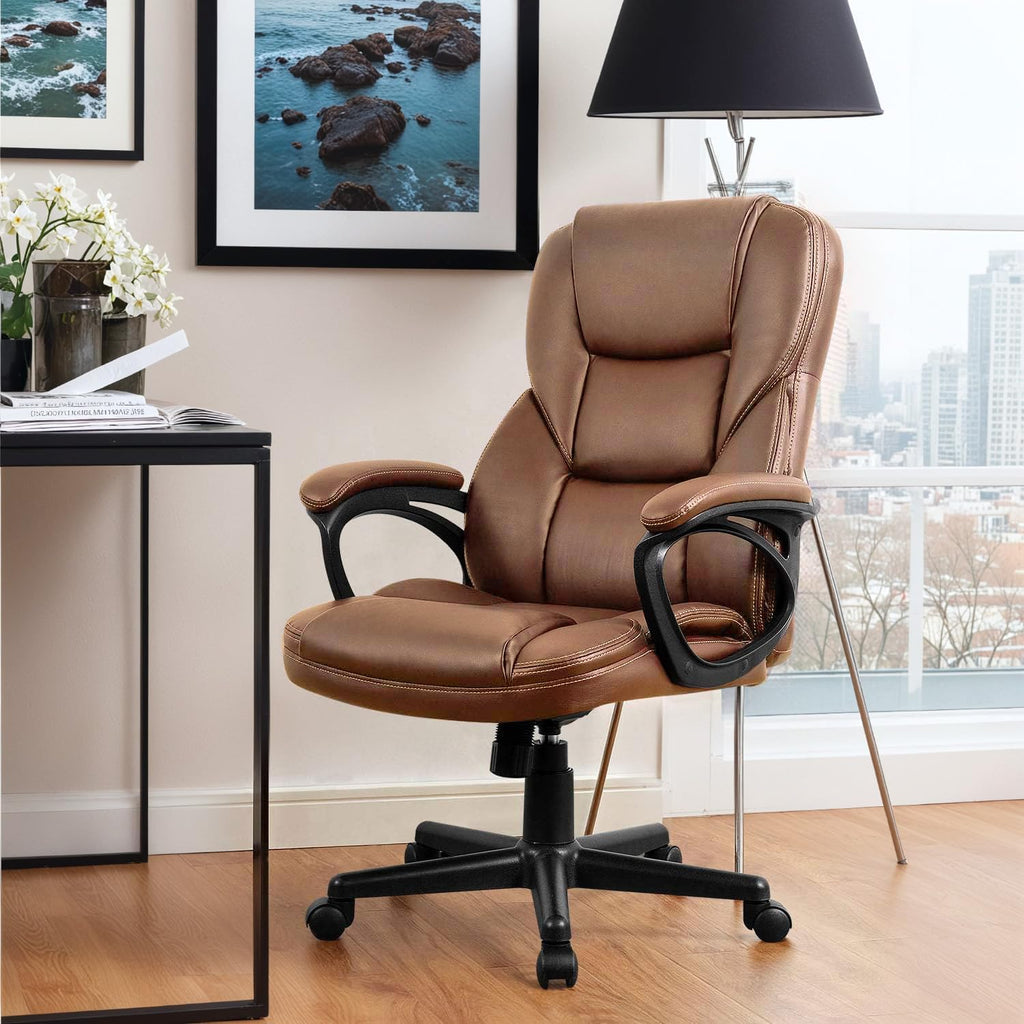 Office Executive Chair High Back Adjustable Managerial Home Desk Chair, Swivel Computer PU Leather Chair with Lumbar Support (1, Light Brown)