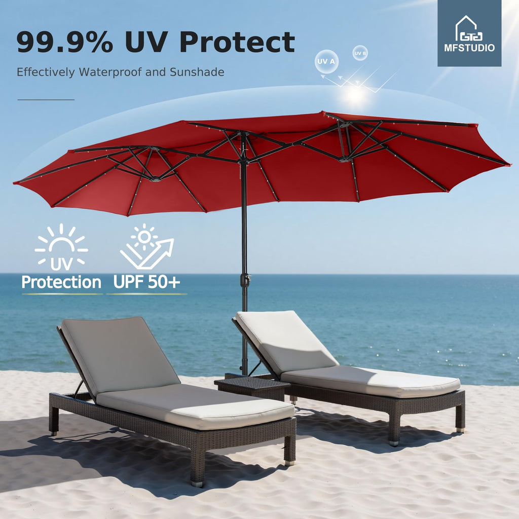 15ft Patio Umbrella with Solar Lights, Outdoor Large Rectangular Umbrellas with Base, Crank Handle and 36 LED Lights for Yard Deck Pool, Burgundy Red