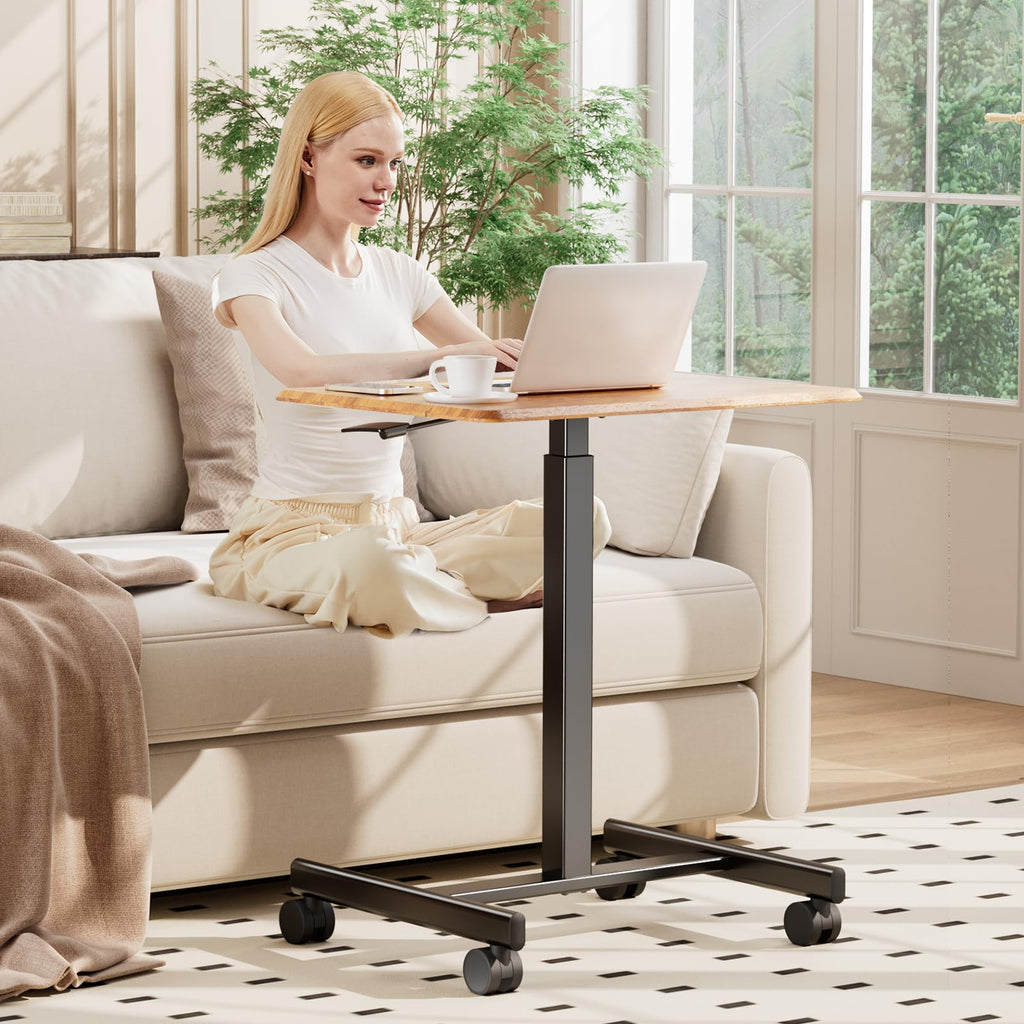 Small Standing Desk Mobile Portable Rolling Laptop PC Table on Wheels Adjustable Height Computer Workstation for Home Office, 19 Inch, Modern Brown