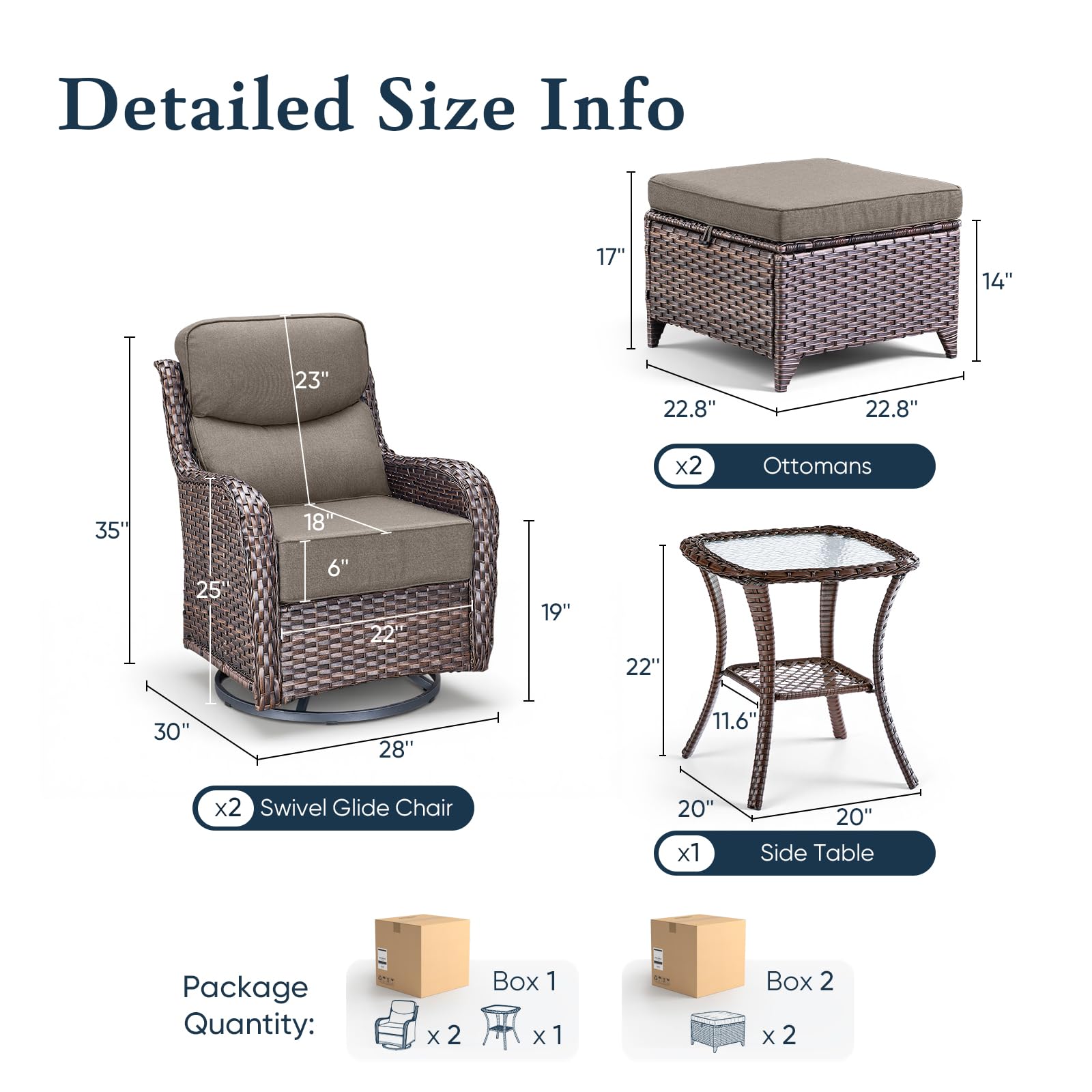 Luxury 6" Thick Cushioned 5 Pieces Patio Furniture Set with 2 Ottomans, Wicker Outdoor Conversation Set with High Back Swivel Rocker Patio Chairs for Deck Porch Yard and Poolside - Brown+Grey