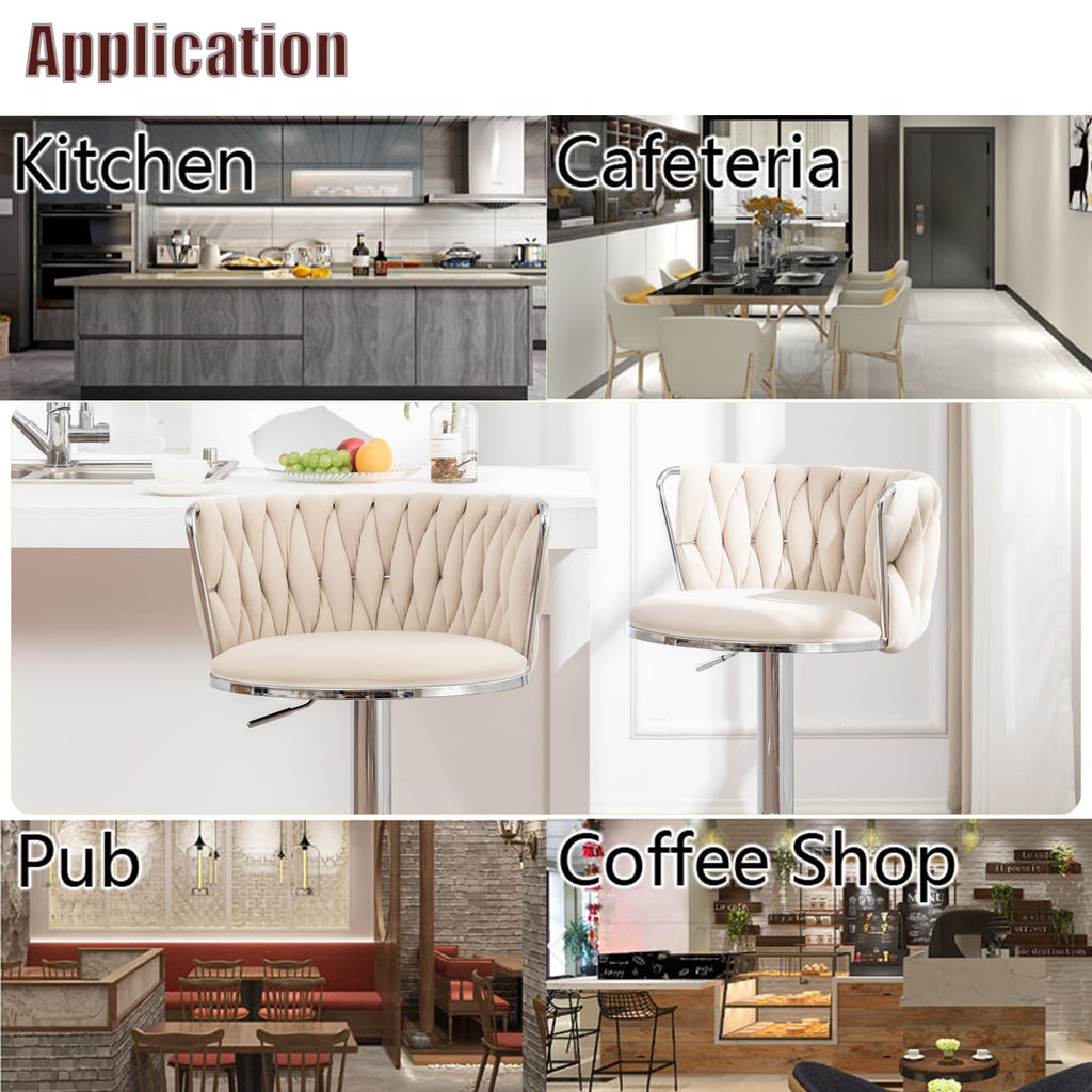 Velvet Bar Stools Set of 4, Swivel Counter Height Bar Stools with Back, Adjustable Woven Barstools for Kitchen Island, Pub, Club (Beige)