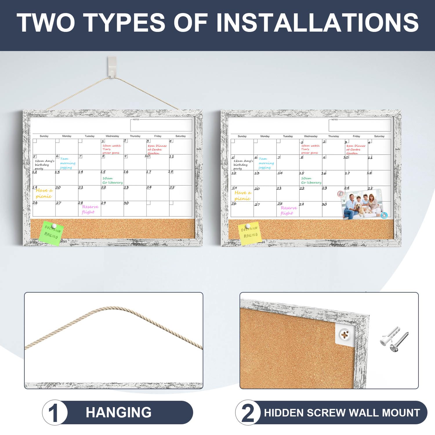 Dry Erase Calendar for Wall, 17x13 Inches Whiteboard Calendar Cork Board Combo, Magnetic Small White Board with Wood Framed, Hanging Dry Erase Board for Office Kitchen Home Planner Memo