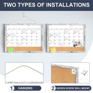 Dry Erase Calendar for Wall, 17x13 Inches Whiteboard Calendar Cork Board Combo, Magnetic Small White Board with Wood Framed, Hanging Dry Erase Board for Office Kitchen Home Planner Memo