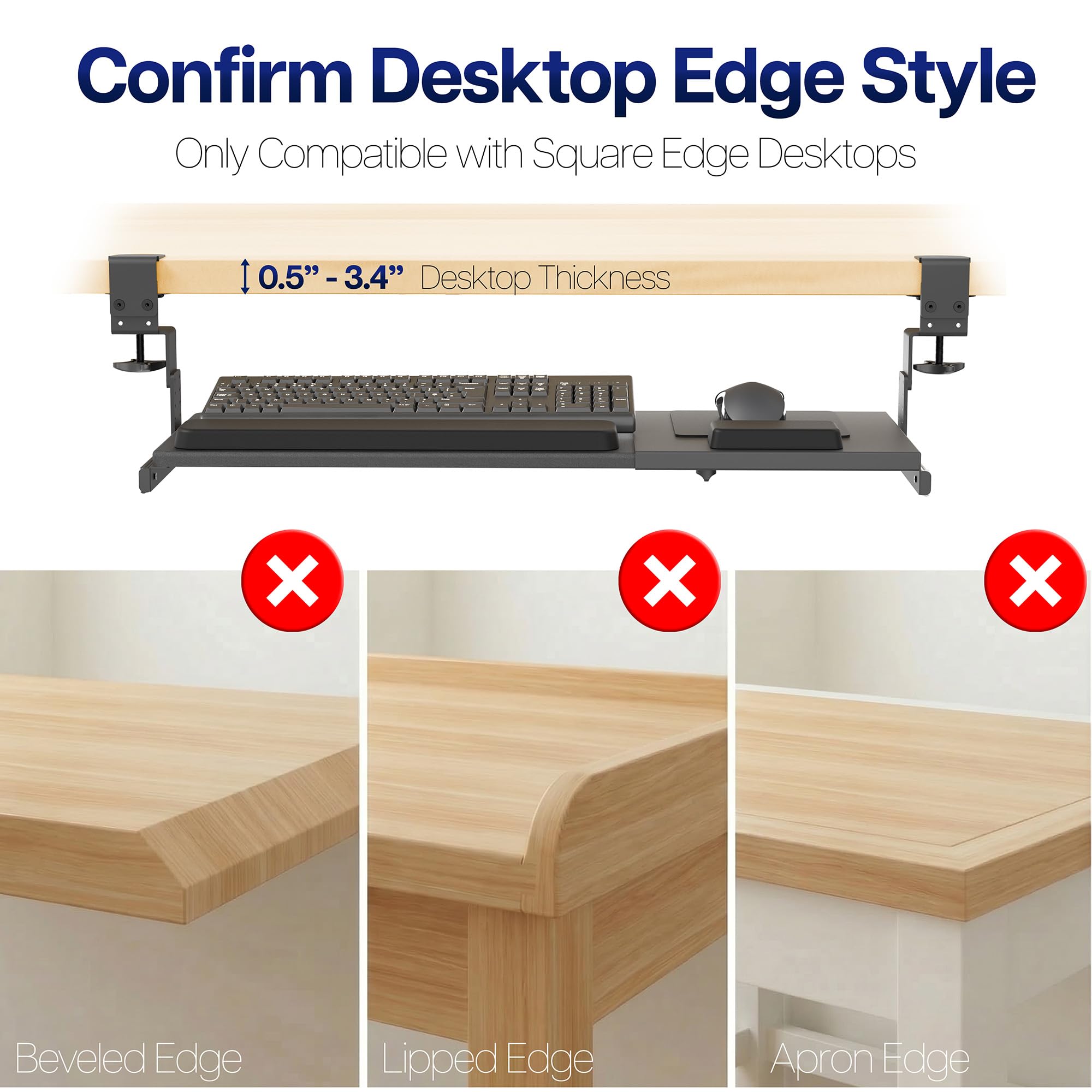 Large Height and Width Adjustable Under Desk Keyboard Tray, C-clamp Mount System, 22.5” to 30” (28.5” to 36” Including Clamps) x 11 inch Slide-Out Platform for Typing, Black, Mount-KBST1