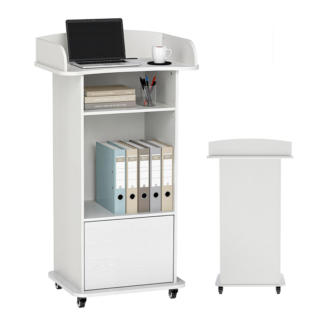 Podium Stand with Metal Wheels Wooden Lectern Podium Stand Portable Pulpit Standing with Storage Mobile Reception Podiums Desk for Church Office School Conference Restaurant Meeting, White