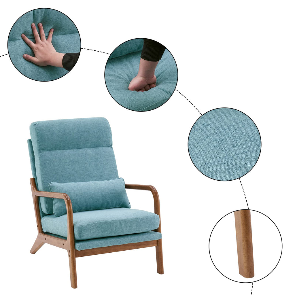 High Back LinenTeal Mid Century Modern Accent Chair, Soild Wood Padding Lounge Armchairs Side Sitting Chairs for Living Room, Bedroom, Guest Room