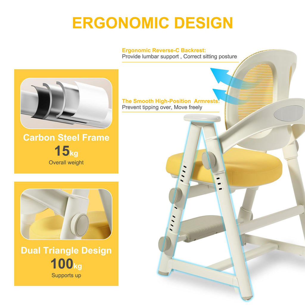 Ergonomic Kids' Study Chair, Height Adjustable Kids Desk Chair for Boys Girls,Comfortable for Teenagers Playing, Drawing, Ideal Gift for Children,Students（Yellow）