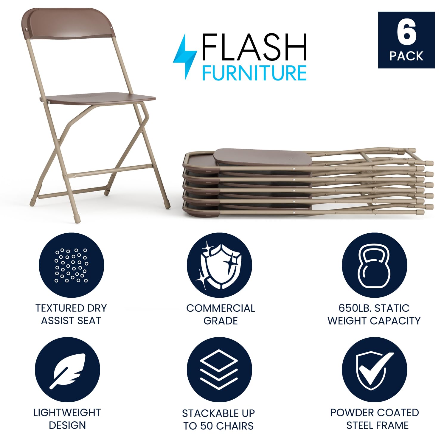 6 Pack Hercules Series Plastic Folding Chair - Brown -  650LB Weight Capacity Comfortable Event Chair-Lightweight Folding Chair