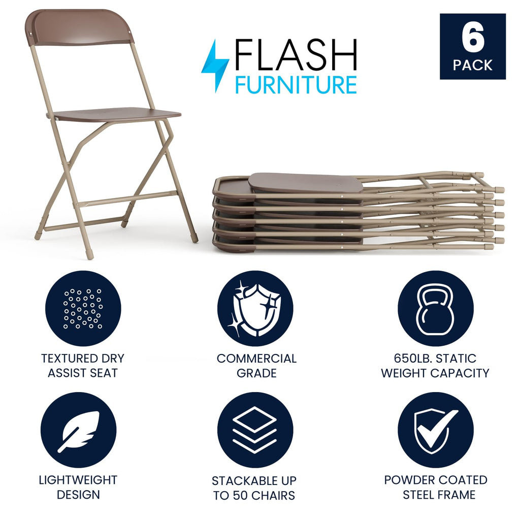 6 Pack Hercules Series Plastic Folding Chair - Brown -  650LB Weight Capacity Comfortable Event Chair-Lightweight Folding Chair